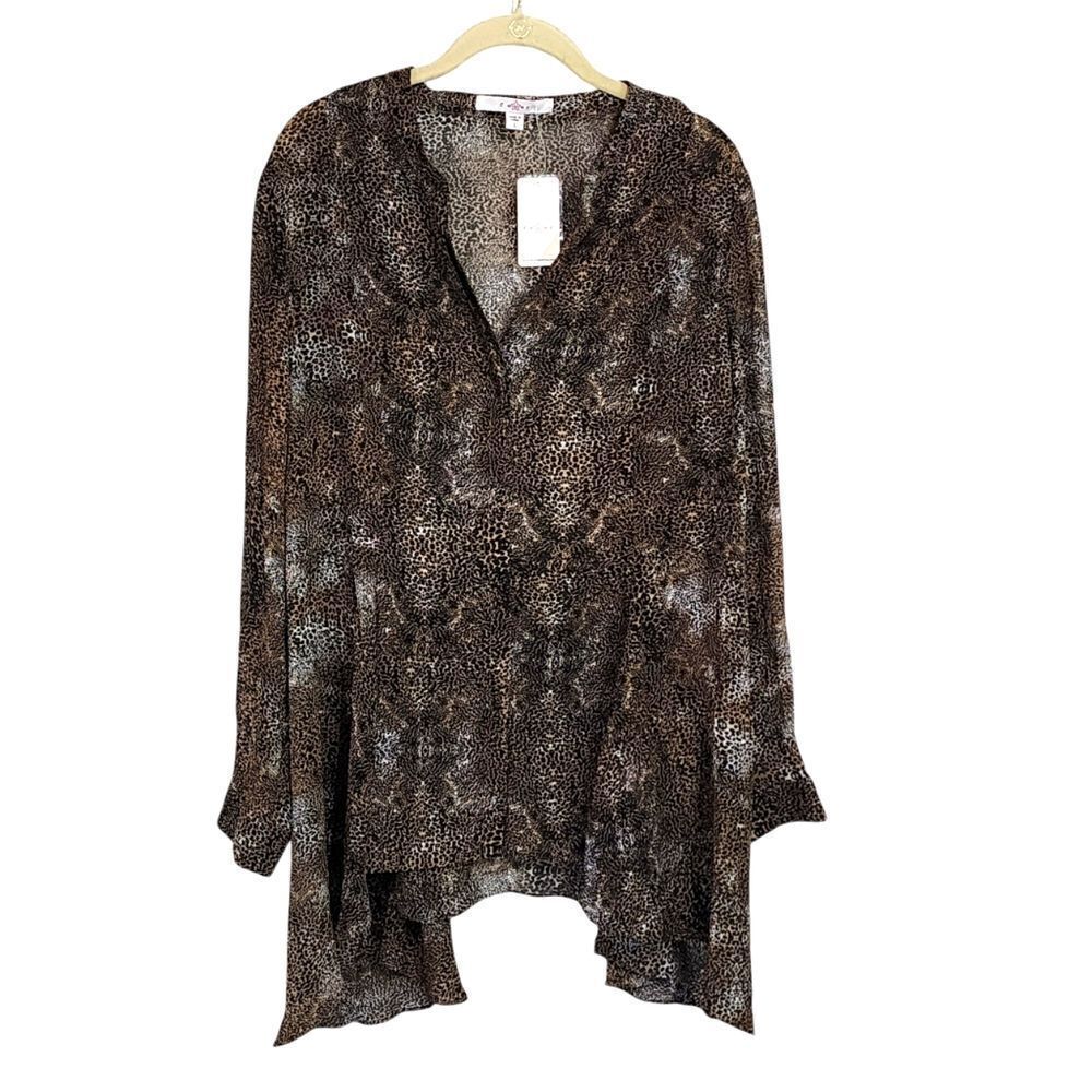 Fever top shheer cheetah long sleeve asymmetrical button up NWT L